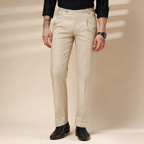 Beige_Linen_Boot_Cut_Pleated_Gurkha_Pants_For_Men