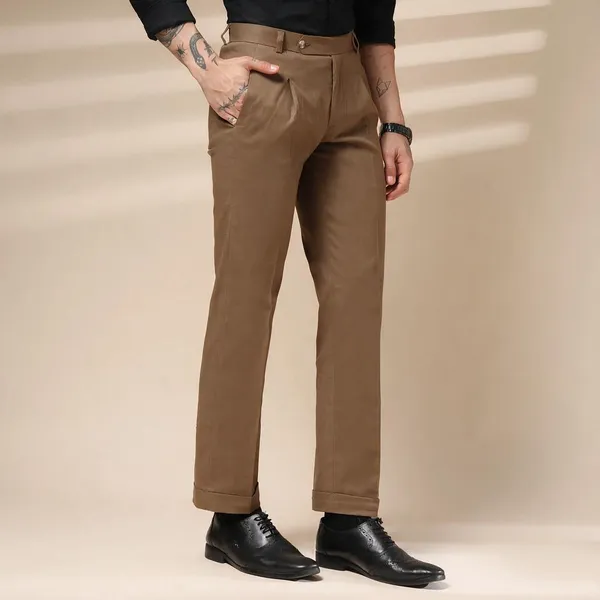 Khaki_Linen_Pleated_Boot_Cut_Gurkha_Trousers_For_Men