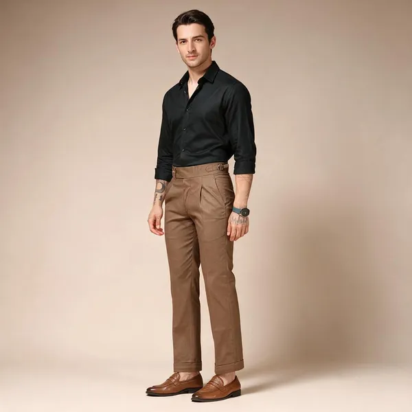 Khaki_Linen_Boot_Cut_Gurkha_Trousers_For_Men
