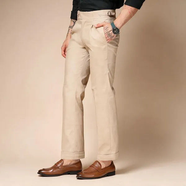 Beige_Linen_Boot_Cut_Gurkha_Trousers_For_Men