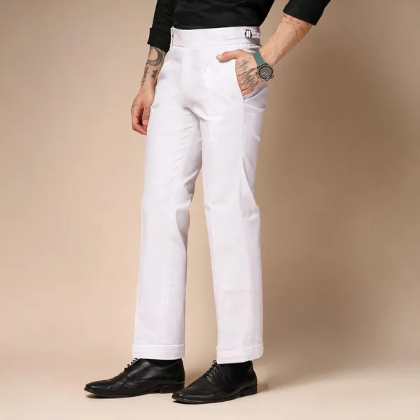 White_Linen_Boot_Cut_Gurkha_Trousers_For_Men