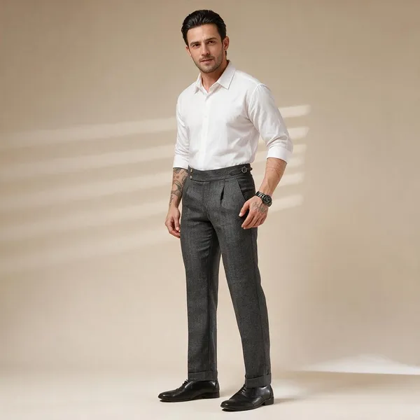 Grey_Herringbone_Boot_Cut_Signature_Buttoned_Gurkha_Pants_For_Men