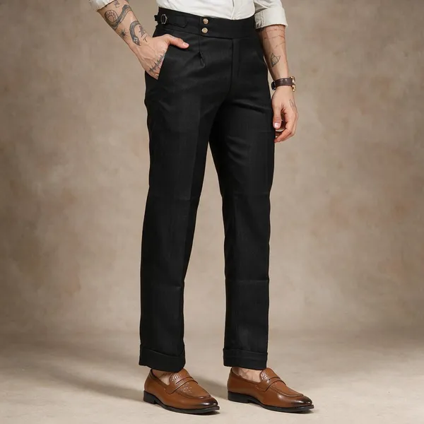 Black_Herringbone_Boot_Cut_Buttoned_Gurkha_Pants_For_Men