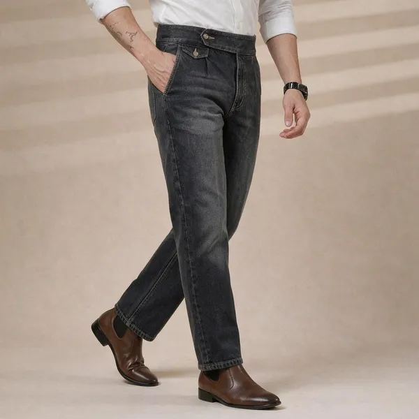 Anthracite_Denim_Boot_Cut_Signature_Flap_Gurkha_Pants_For_Men