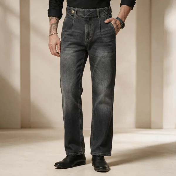 Anthracite_Denim_Boot_Cut_Oxford_Gurkha_Trousers_For_Men