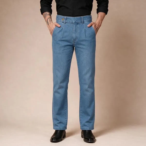 Sky_Blue_Denim_Boot_Cut_Oxford_Gurkha_Trousers_For_Men
