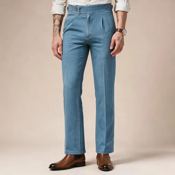 Sky_Blue_Denim_Boot_Cut_Elegant_Gurkha_Trousers_For_Men