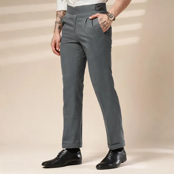 Stone_Grey_Polyester_Stretch_Classic_Buttoned_Gurkha_Pants_For_Men