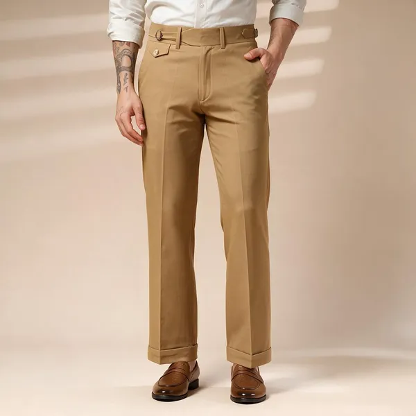 Camel_Polyester_Blend_Single_Buckle_Gurkha_Trousers_For_Men
