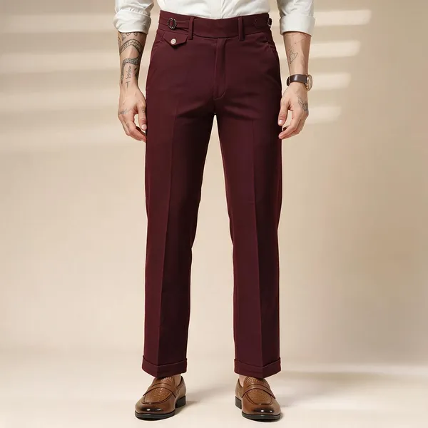 Wine_Polyester_Single_Buckle_Gurkha_Pants_For_Men