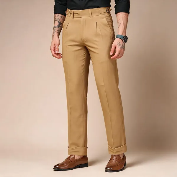 Camel_Polyester_Double_Buttoned_Gurkha_Pants_For_Men
