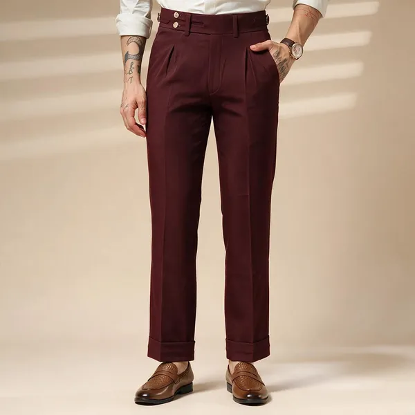 Wine_Polyester_Double_Button_Gurkha_Pants_For_Men
