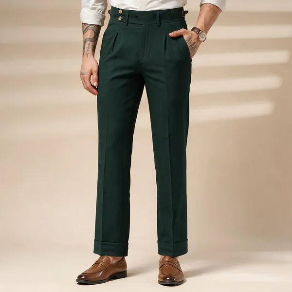 Bottle_Green_Polyester_Double_Button_Gurkha_Trousers_For_Men