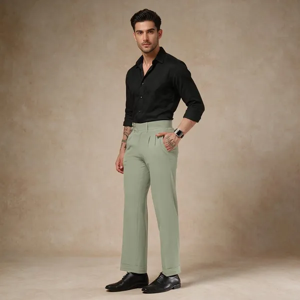Lime_Polyester_Double_Buckle_Gurkha_Pants_For_Men