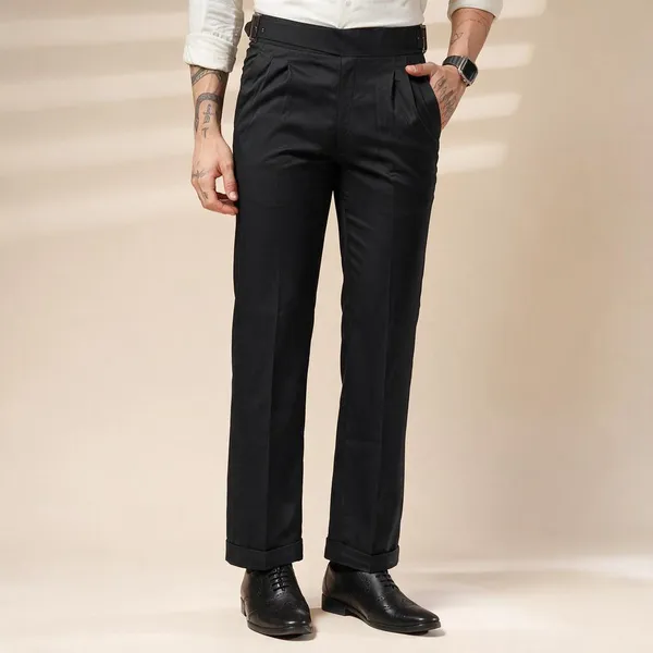 Black_Polyester_Blend_Classic_Buckle_Gurkha_Pants_For_Men