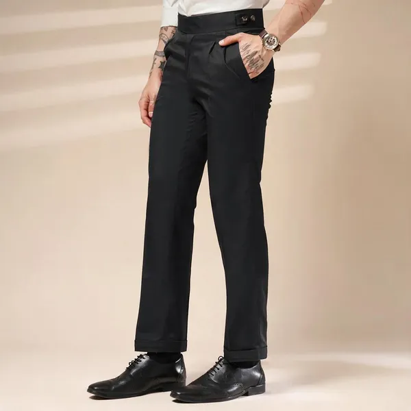 Black_Polyester_Stretch_Classic_Buttoned_Gurkha_Pants_For_Men
