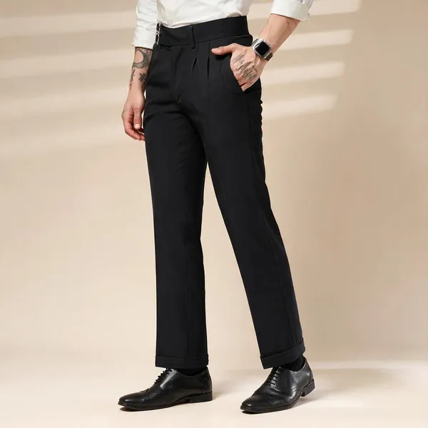Black_Polyester_Double_Buckle_Gurkha_Pants_For_Men