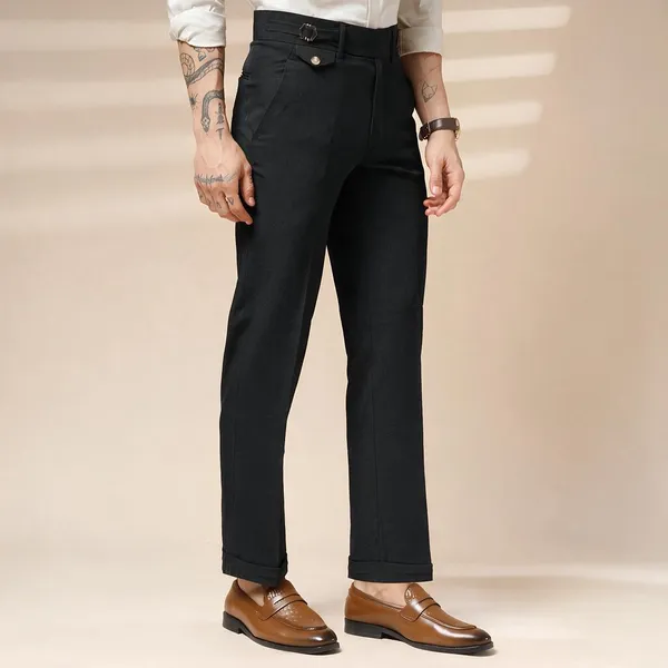 Black_Polyester_Stretch_Single_Buckle_Gurkha_Pants_For_Men