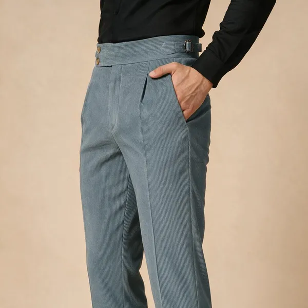 Light_Grey_Corduroy_Boot_Cut_Signature_Buttoned_Gurkha_Pants_For_Men