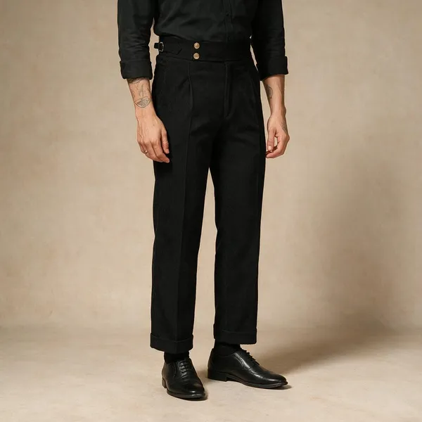Black_Corduroy_Boot_Cut_Gurkha_Pants_For_Men