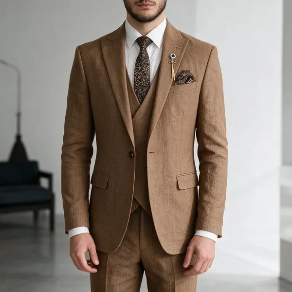 Brown_Terry_Cotton_Italian_Fit_3_Piece_Suit_For_Men