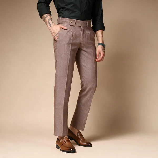 Khaki_Herringbone_Boot_Cut_Gurkha_Pants_For_Men