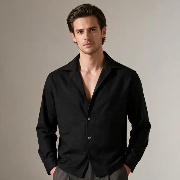 Black_Cotton_Cooper_Collar_Linen_Shirt_For_Men