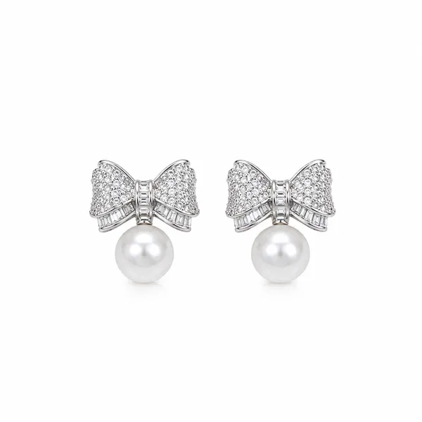 Silver_Tone_Bow_Pearl_Drop_Earrings_For_Women