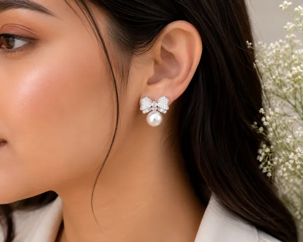 Silver_Tone_Bow_Pearl_Drop_Earrings_For_Women