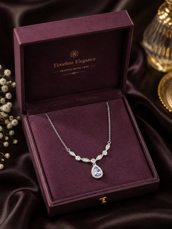 Silver_Tone_Floral_Teardrop_Pendant_Necklace_For_Women