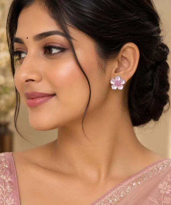 Silver_Tone_Floral_Stud_Earrings_With_Pink_Center_Stones