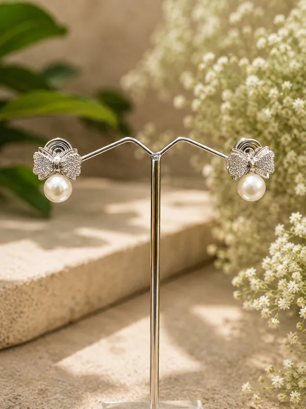 Silver_Tone_Bow_Pearl_Drop_Earrings_For_Women