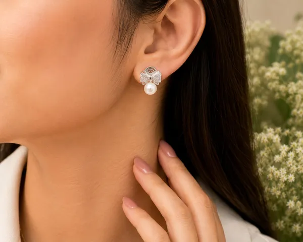 Silver_Tone_Bow_Pearl_Drop_Earrings_For_Women