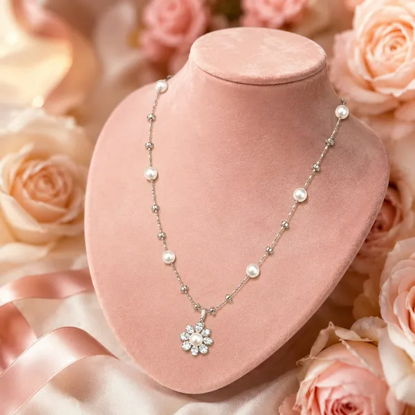 Silver_Tone_Pearl_Style_Flower_Pendant_Necklace_For_Women