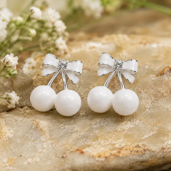 White_Cherry_Bow_Stud_Earrings_For_Women