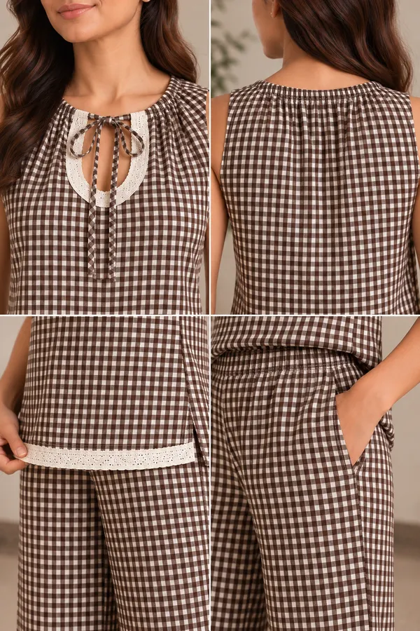 Brown_Gingham_Cotton_Lounge_Set_With_Wide_Leg_Pants