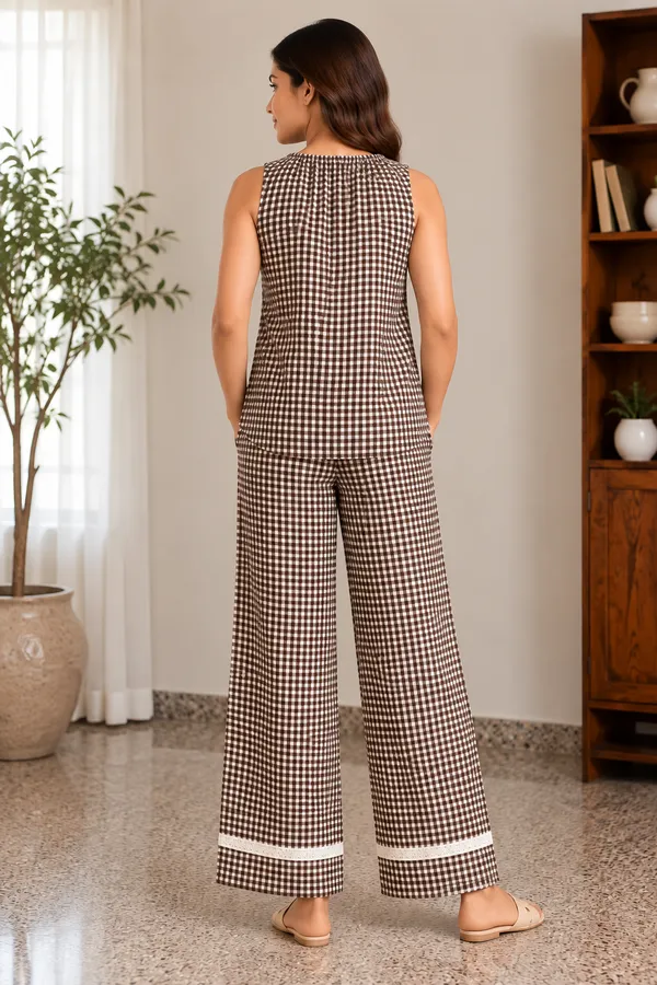 Brown_Gingham_Cotton_Lounge_Set_With_Wide_Leg_Pants