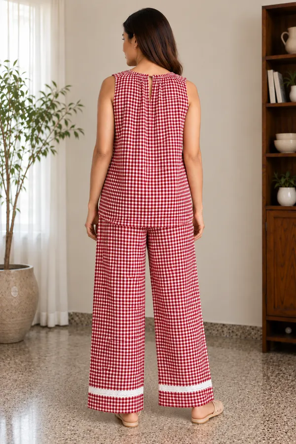 Maroon_Gingham_Cotton_Lounge_Set_With_Wide_Leg_Pants