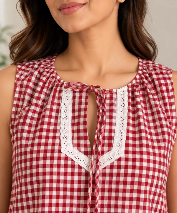 Maroon_Gingham_Cotton_Lounge_Set_With_Wide_Leg_Pants