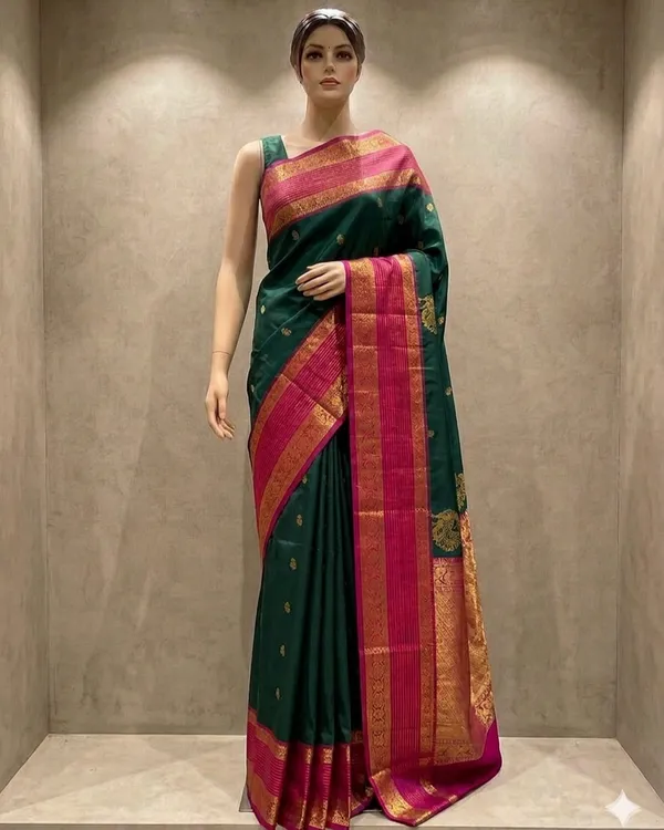 Green_Woven_Saree_With_Pink_Gold_Border_For_Women