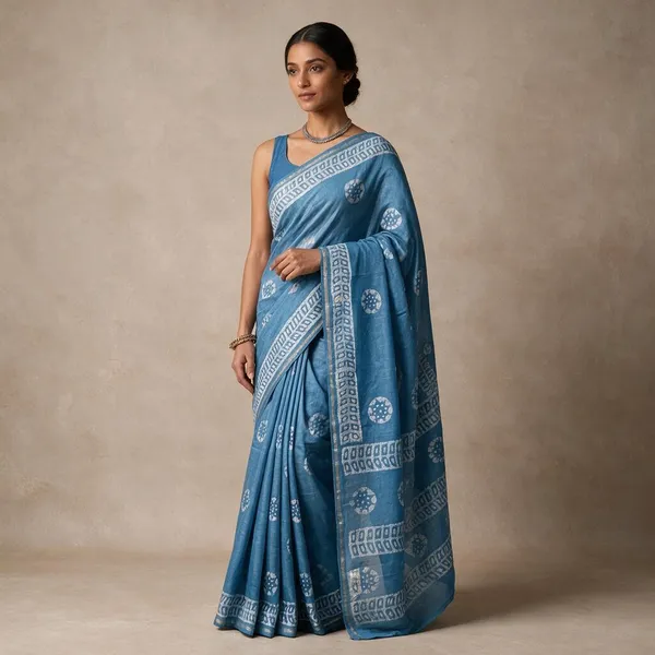 Blue_Linen_Cotton_Batik_Hand_Saree_For_Women