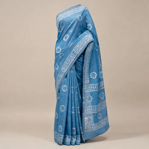 Blue_Linen_Cotton_Batik_Hand_Saree_For_Women