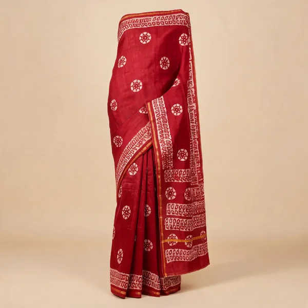 Red_Linen_Cotton_Traditional_Handbatik_Printed_Saree_For_Women