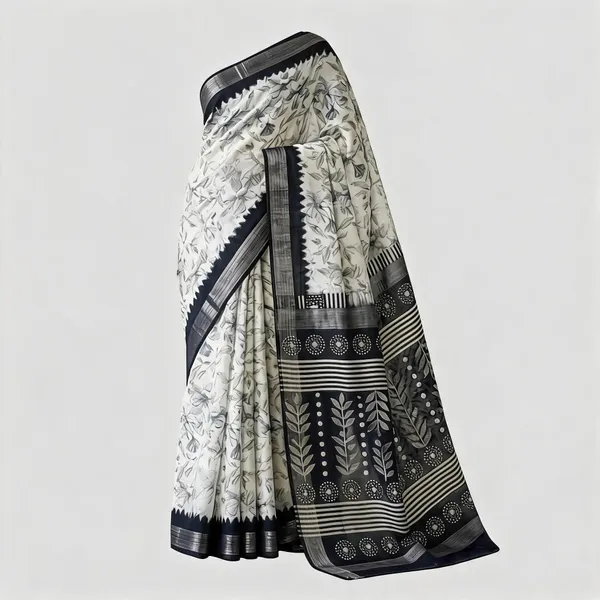 Black_White_Linen_Floral_Printed_Saree_For_Women