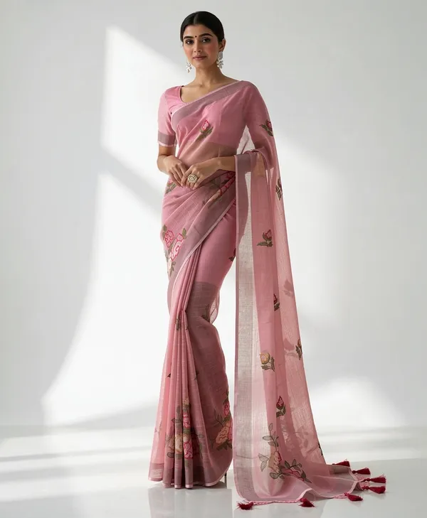 Pink_Chiffon_Floral_Print_Saree_For_Women