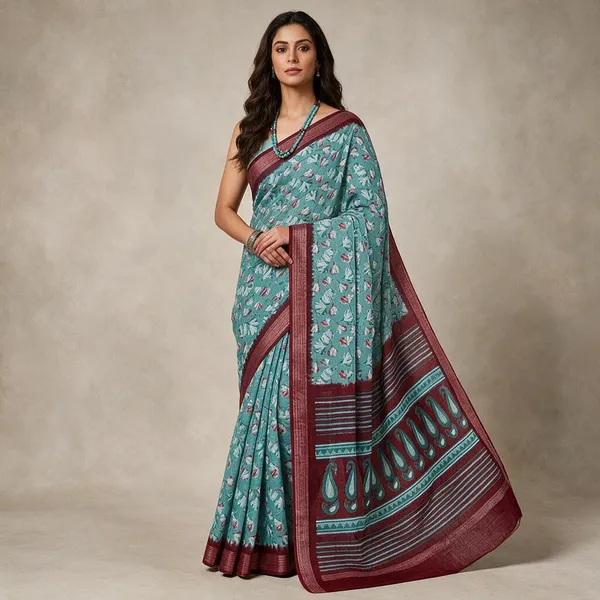 Teal_Linen_Floral_Printed_Saree_For_Women
