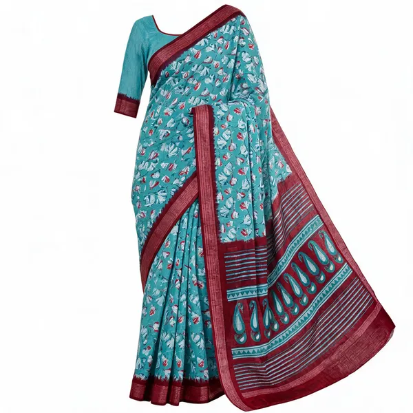 Teal_Linen_Floral_Printed_Saree_For_Women