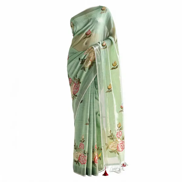 Green_Linen_Floral_Embroidered__Saree_For_Women