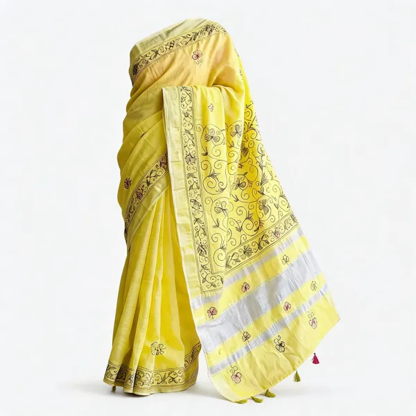 Yellow_Linen_Kantha_Work_Ornamental_Border_Saree_For_Women
