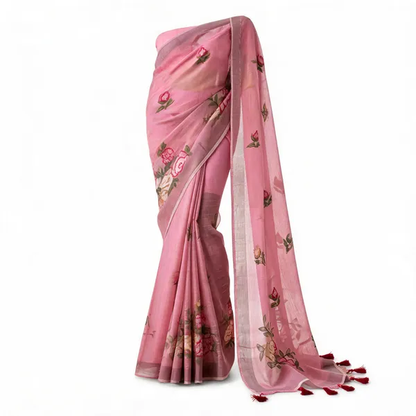 Pink_Linen_Embroidery_Floral_Saree_For_Women